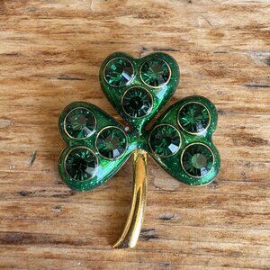 Three Leaf Clover Brooch Pin Green Rhinestones Enamel Gold Tone Signed F.L.